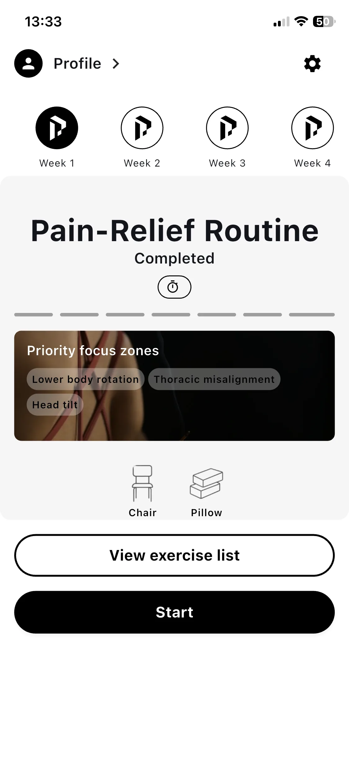 Program home screen — Pain-Relief Routine, priority focus zones, equipment needed: chair and pillow.